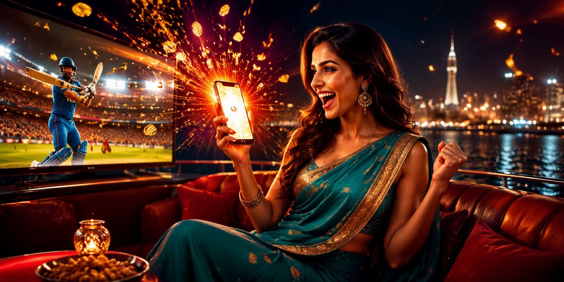 Indian woman holding mobile betting app near cricket ground